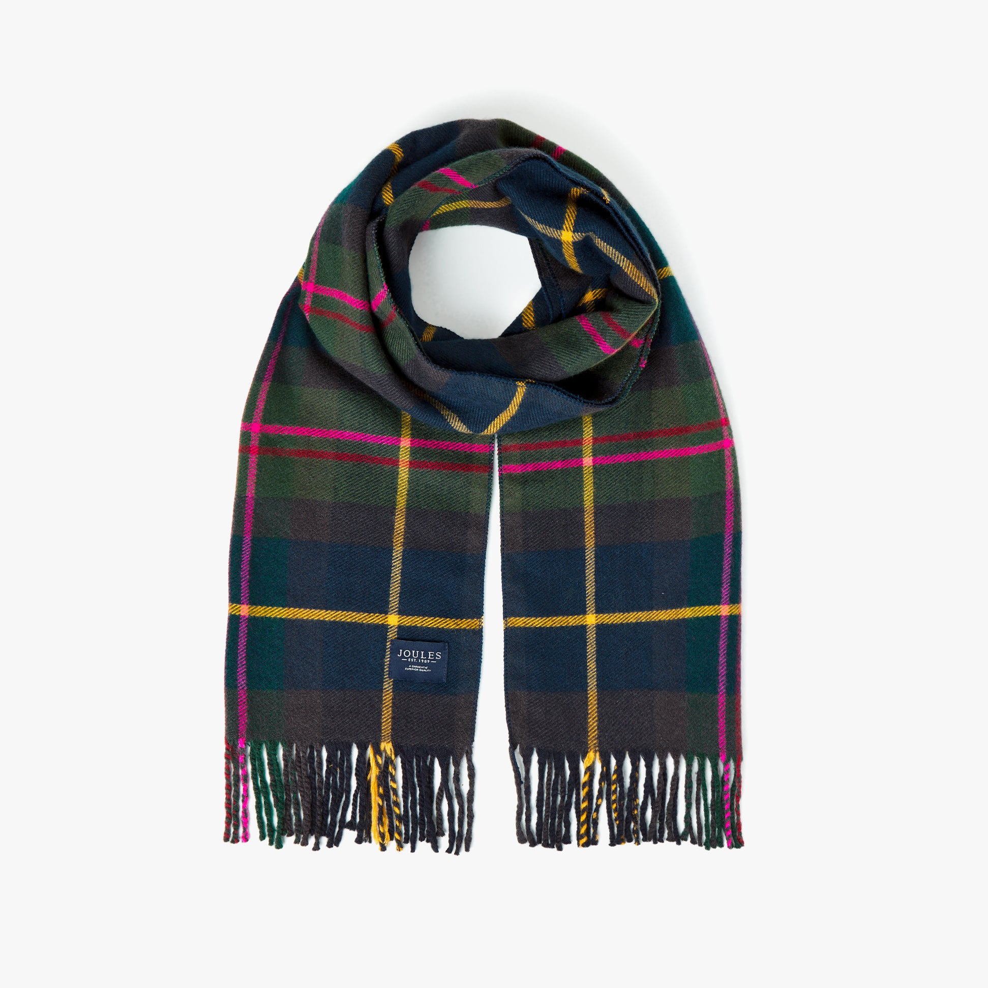 Joules LANGTREE Womens Scarf Navy Check front view showcasing plaid pattern and fringed edges.