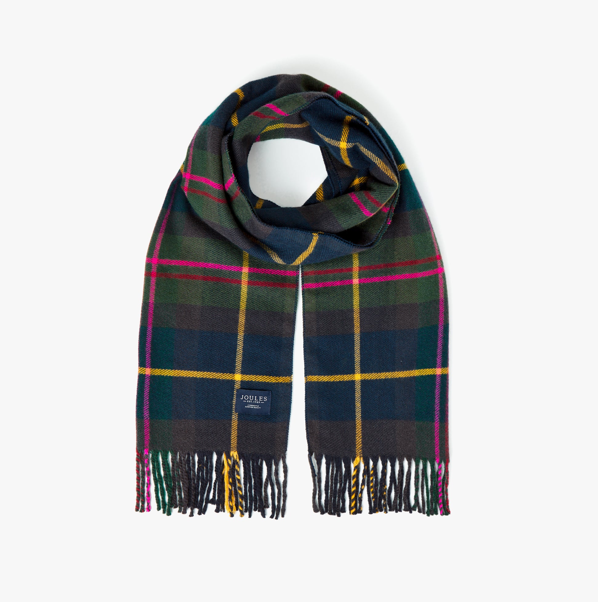 Joules LANGTREE Womens Scarf Navy Check front view showcasing plaid pattern and fringed edges.