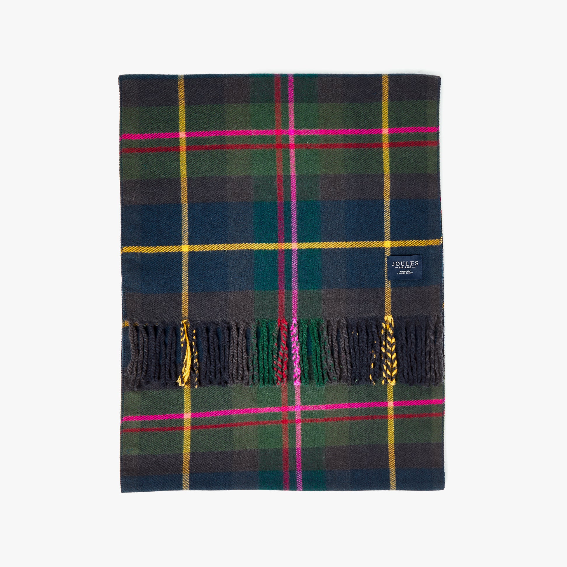 Joules LANGTREE Womens Scarf Navy Check front view showing plaid pattern and fringes.