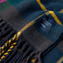 Joules LANGTREE Womens Scarf Navy Check detail view with tag, showing fabric texture and fringe.