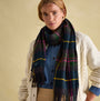 Joules LANGTREE Womens Scarf Navy Check detail view showcasing the scarf wrapped around a model.