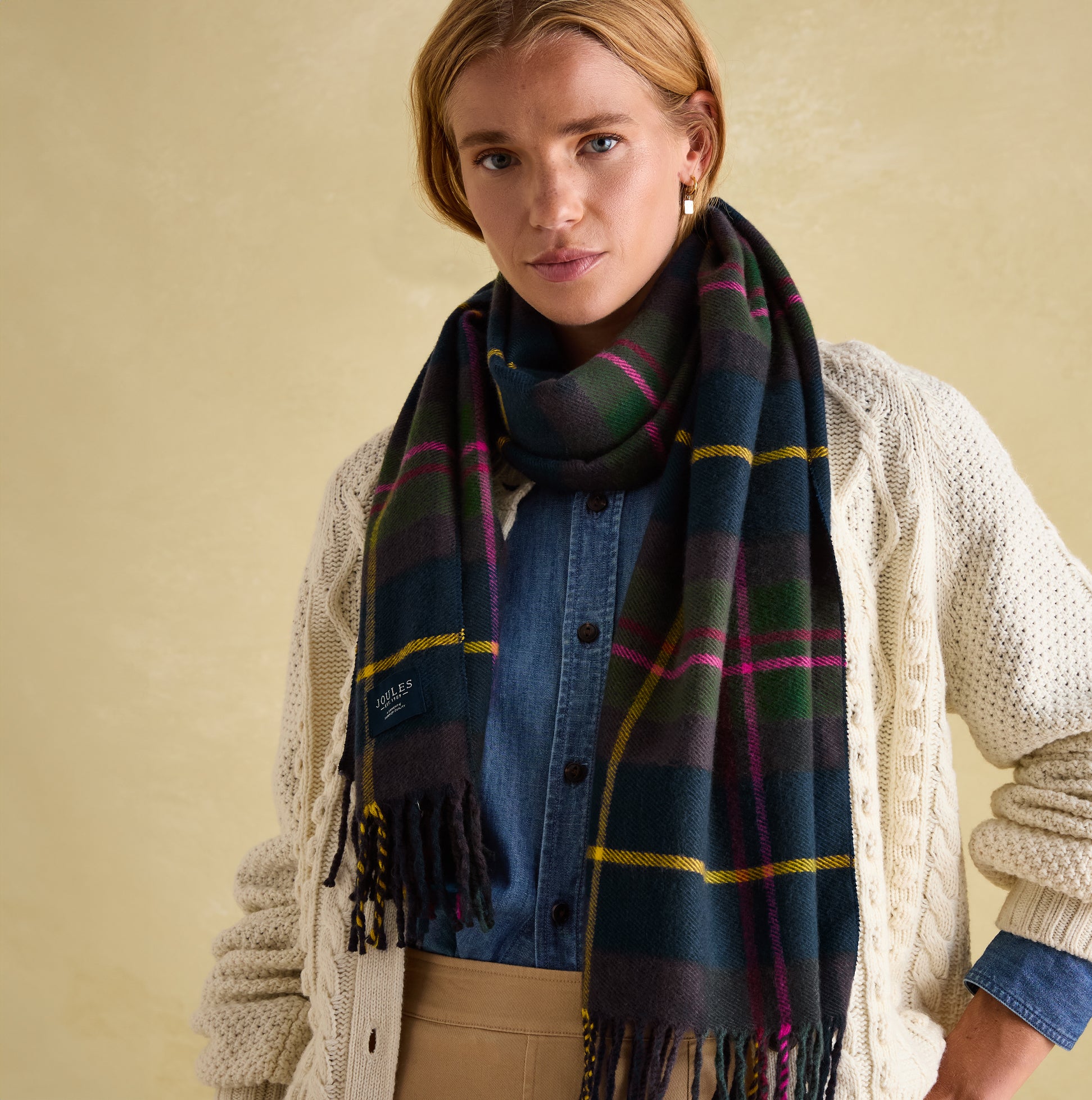 Joules LANGTREE Womens Scarf Navy Check detail view showcasing the scarf wrapped around a model.
