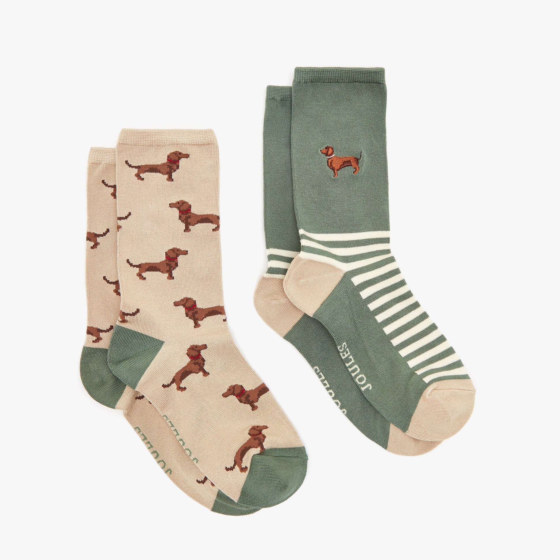 Joules EVERYDAY 2-Pack Womens Socks Green Dog side view showing dog patterns and striped design.