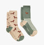 Joules EVERYDAY 2-Pack Womens Socks Green Dog side view showing dog patterns and striped design.