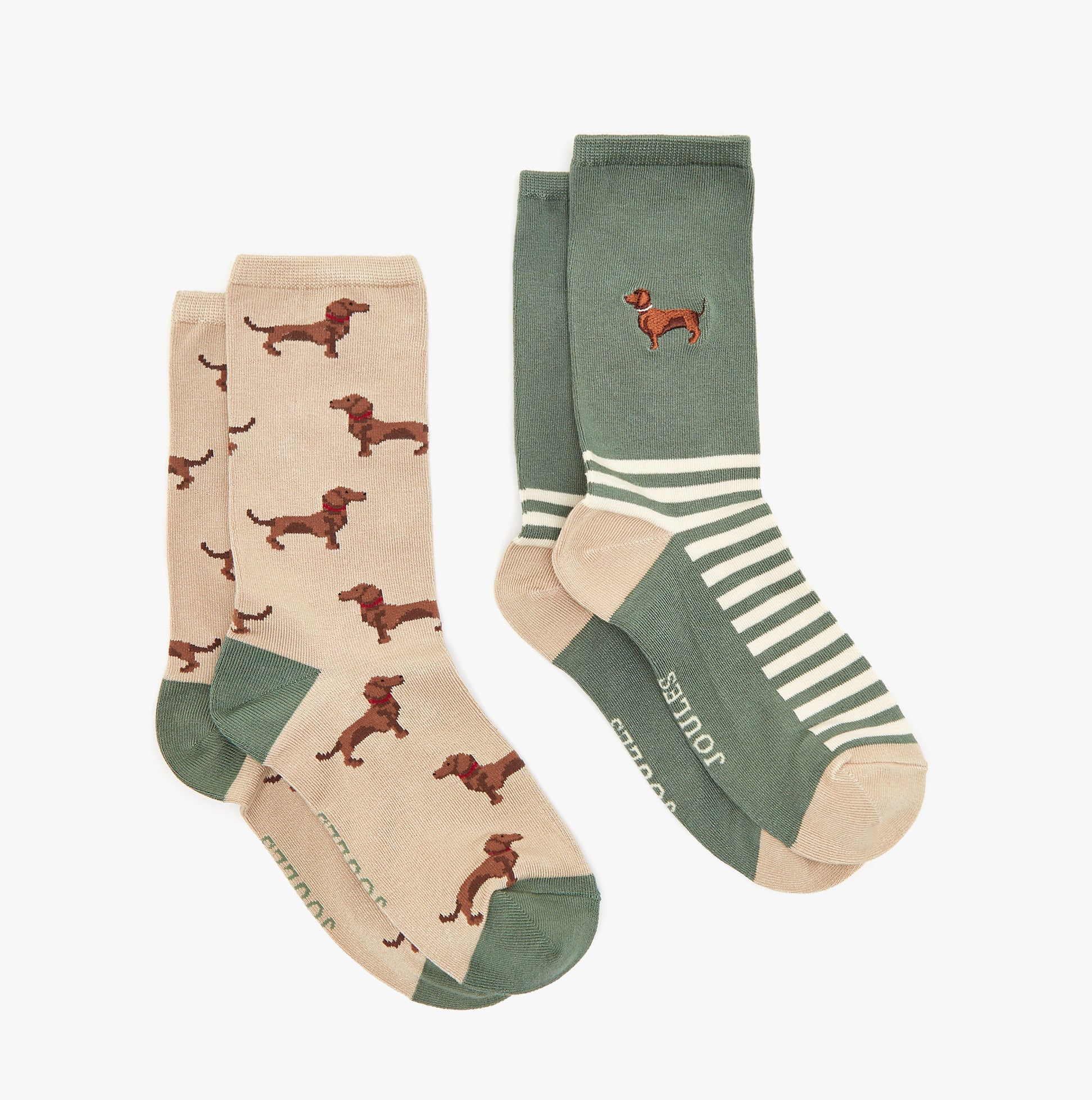 Joules EVERYDAY 2-Pack Womens Socks Green Dog side view showing dog patterns and striped design.