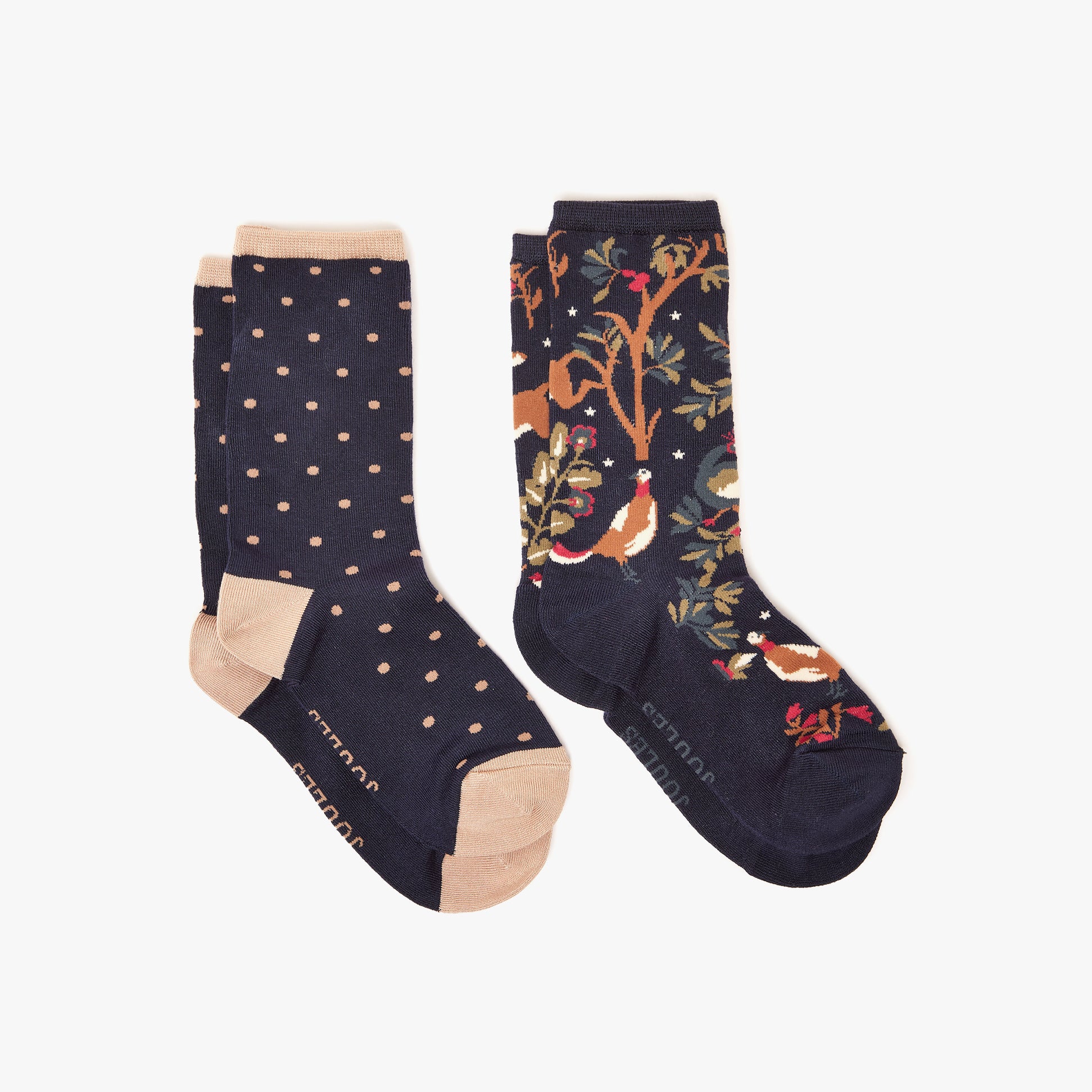 Joules EVERYDAY 2-Pack Womens Socks Navy Wood front view showcasing patterned and floral designs on navy background.