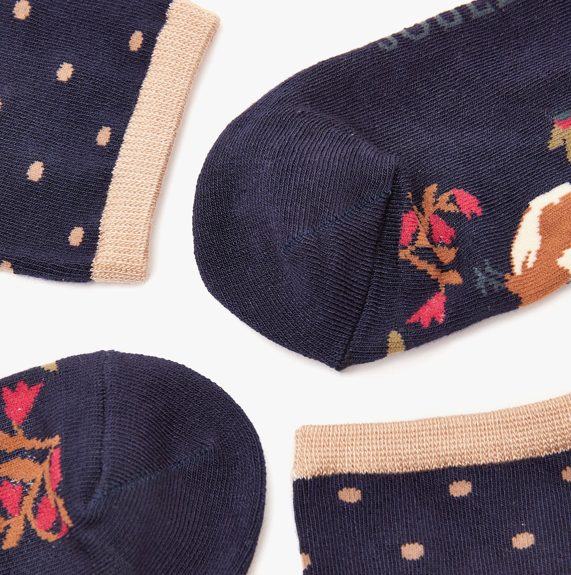 Joules EVERYDAY 2-Pack Womens Socks Navy Wood top detail view displaying designs and color patterns.
