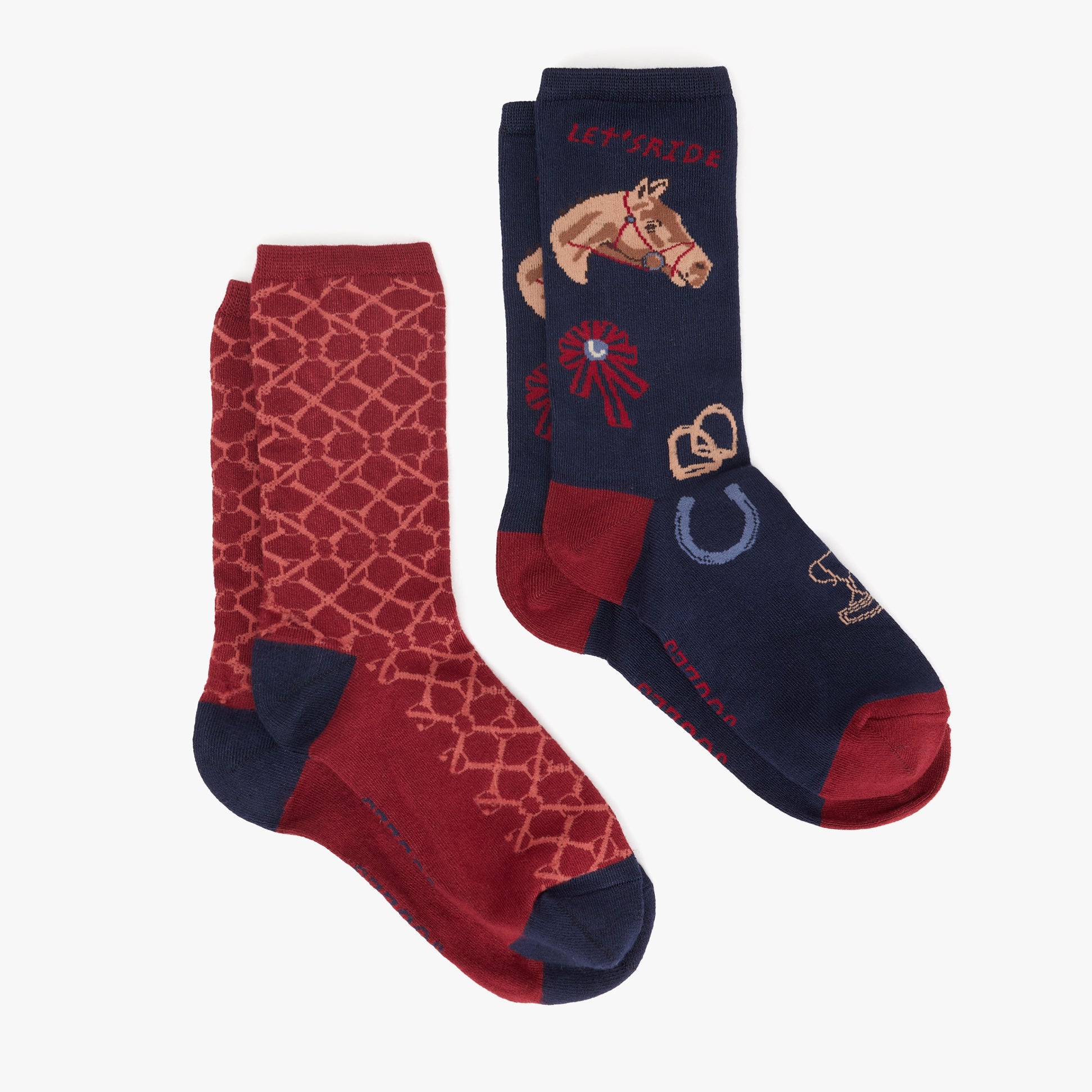 Joules EVERYDAY 2-Pack Womens Socks Navy Horse, front view showing two distinct sock designs in navy and red.