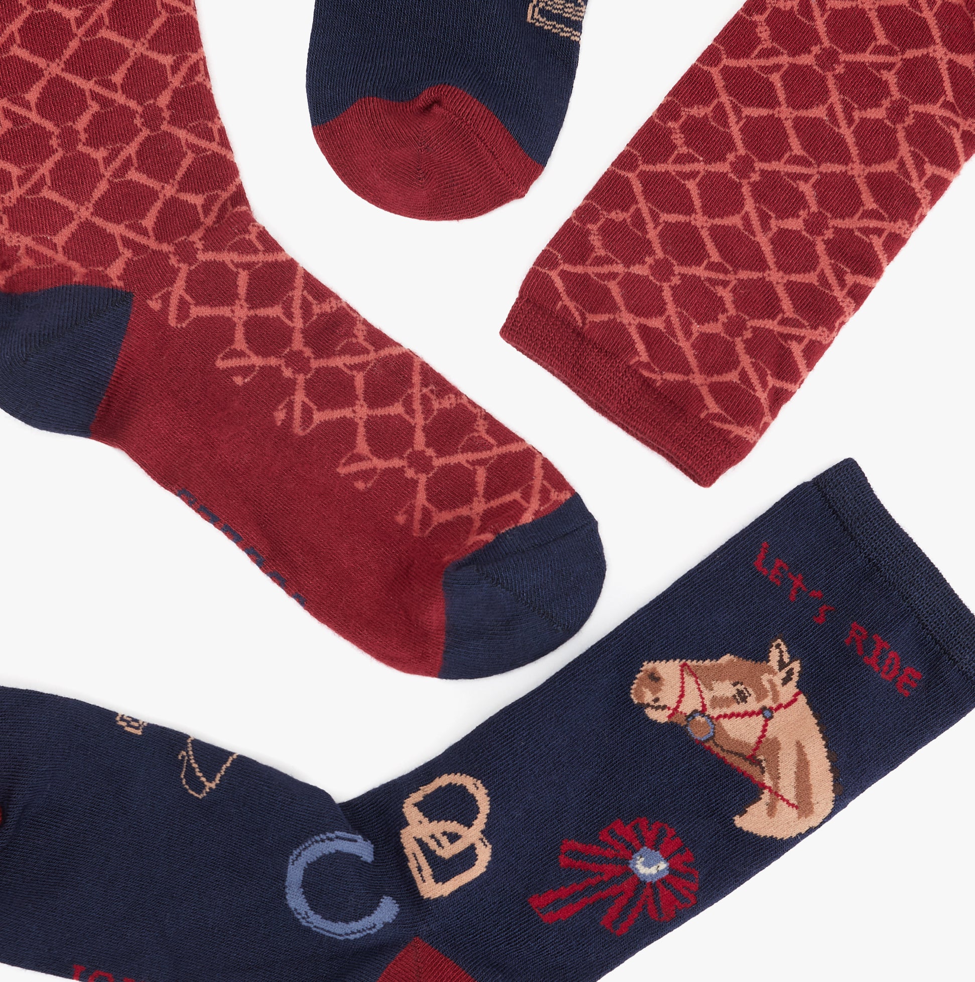 Joules EVERYDAY 2-Pack Womens Socks Navy Horse detail view showcasing patterned and horse-themed designs in navy and burgundy.