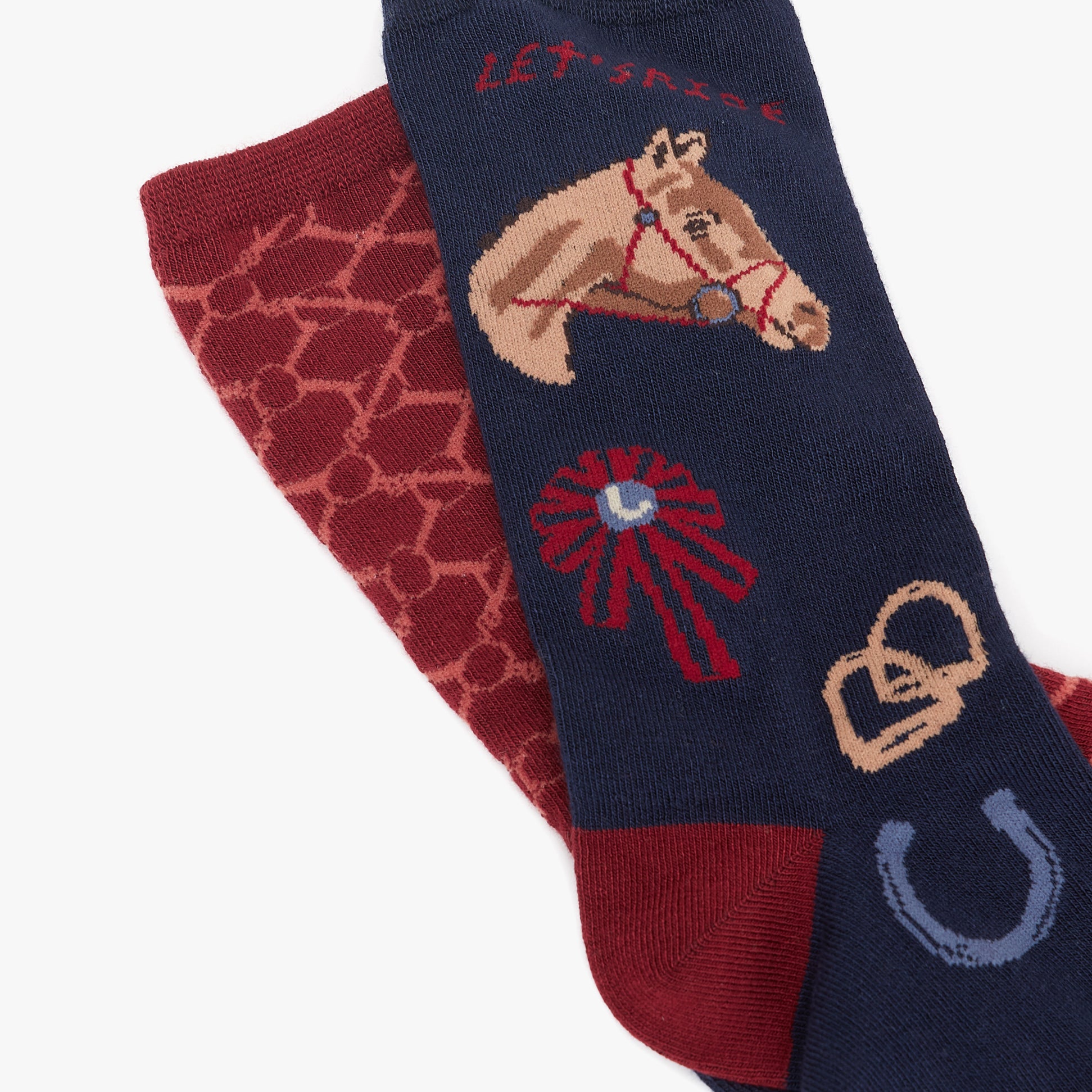 Joules EVERYDAY 2-Pack Womens Socks Navy Horse close-up view featuring horse design, trophy, and horse shoe patterns.