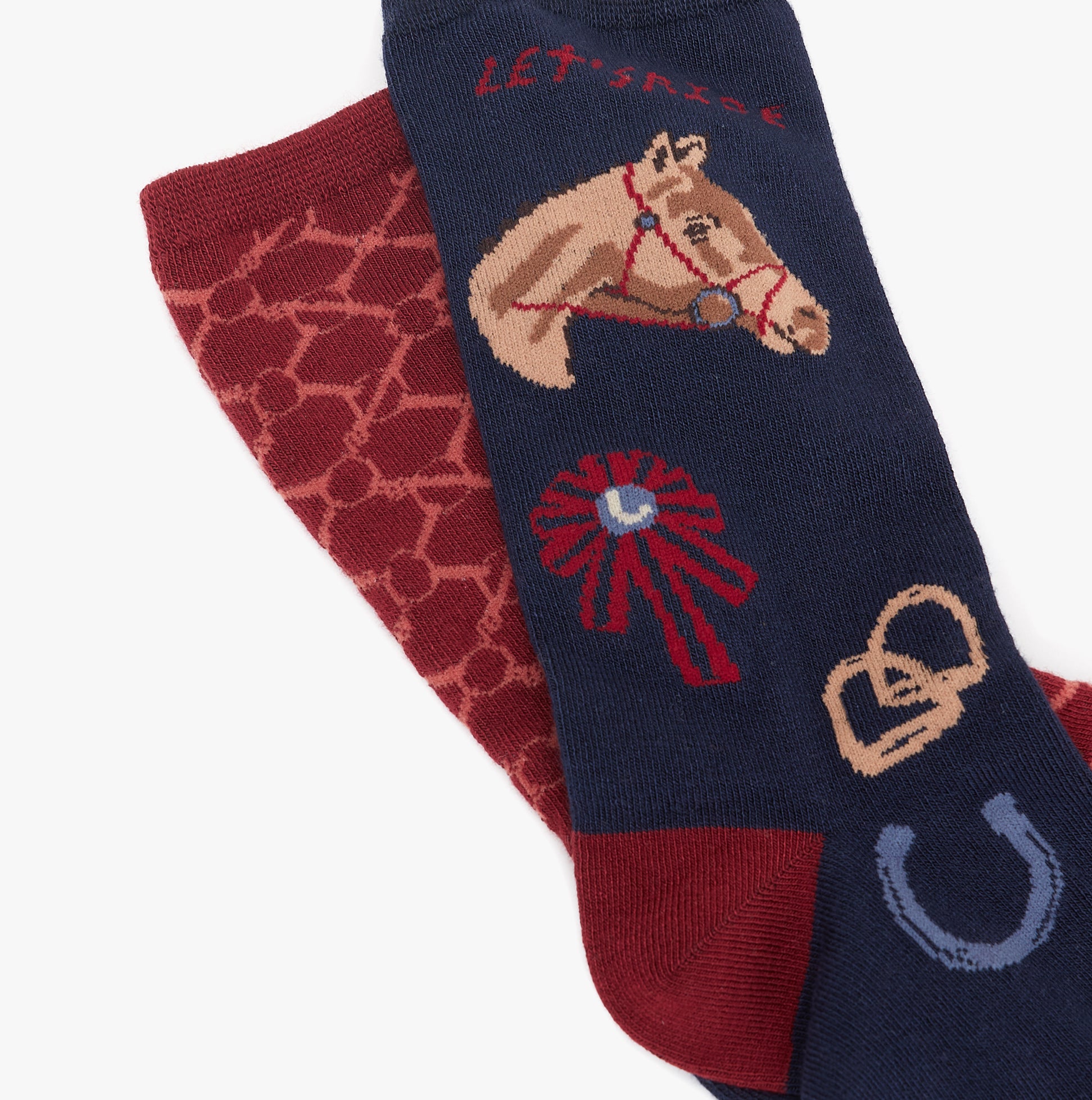 Joules EVERYDAY 2-Pack Womens Socks Navy Horse close-up view featuring horse design, trophy, and horse shoe patterns.