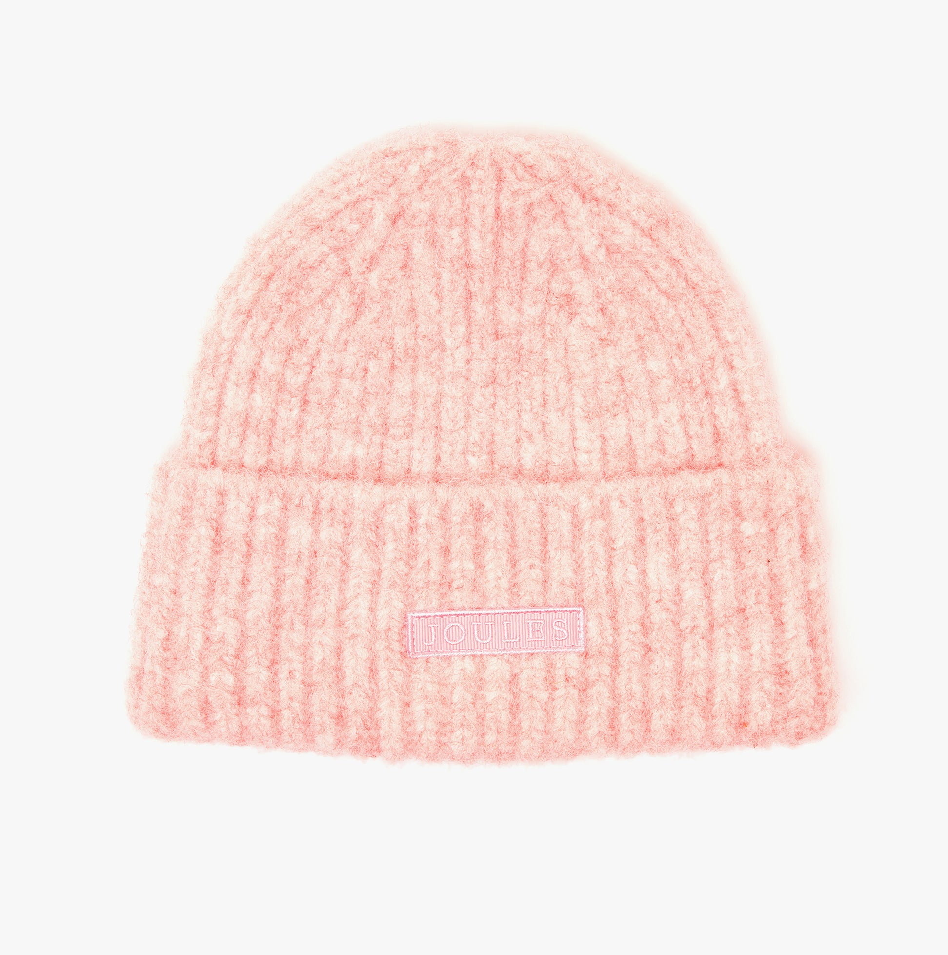 Joules CAVERSHAM Womens Beanie Pink front view, soft knitted fabric with a folded brim, featuring Joules logo.