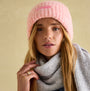 Joules CAVERSHAM Womens Beanie Pink front view worn by model with gray scarf.