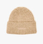 Joules CAVERSHAM Womens Beanie Oat top view showing the ribbed texture and brand label, made from recycled polyester and wool.