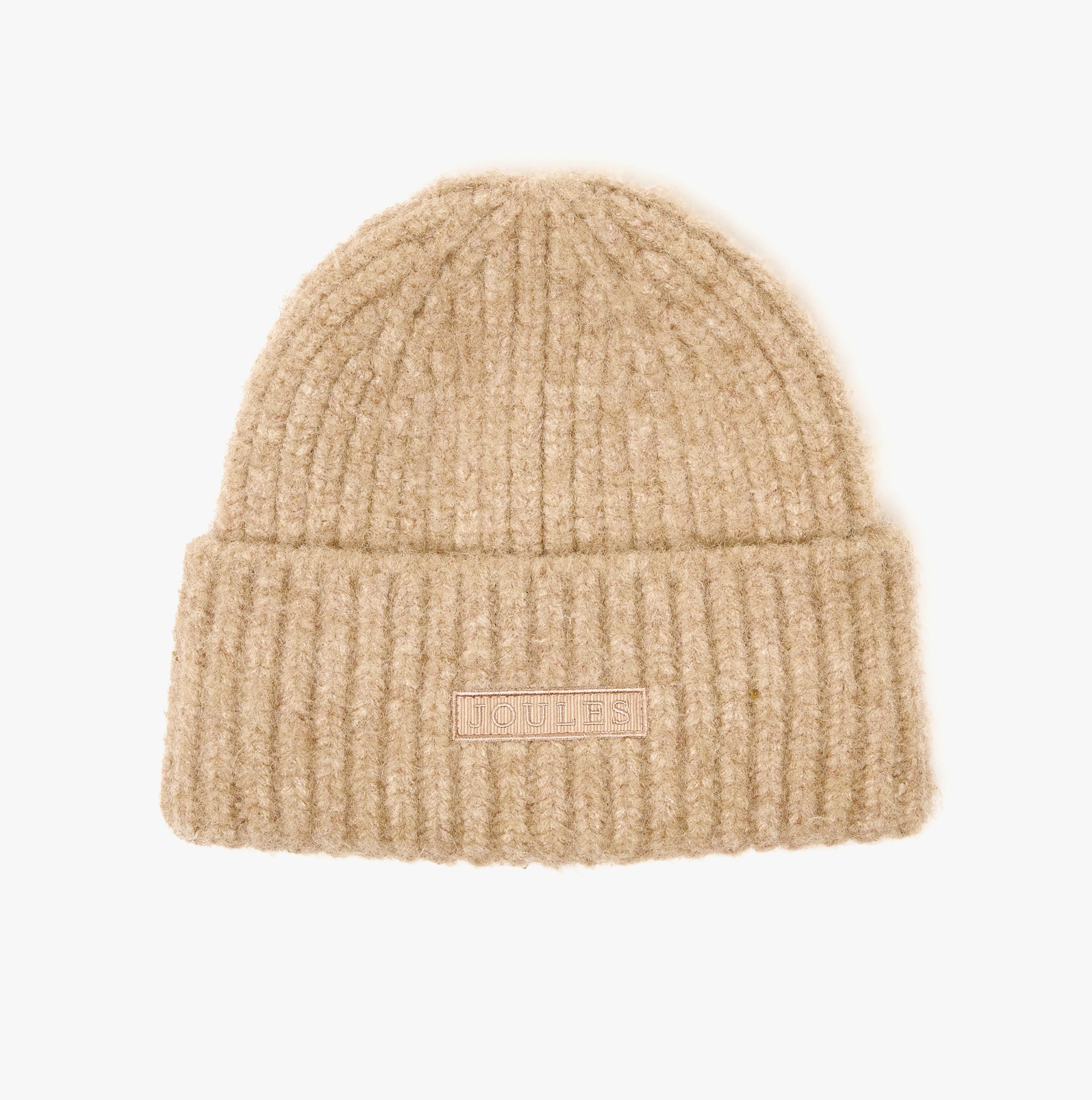 Joules CAVERSHAM Womens Beanie Oat top view showing the ribbed texture and brand label, made from recycled polyester and wool.