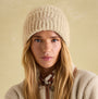Joules CAVERSHAM Womens Beanie Oat front view, showcasing the stylish ribbed design and logo detail.