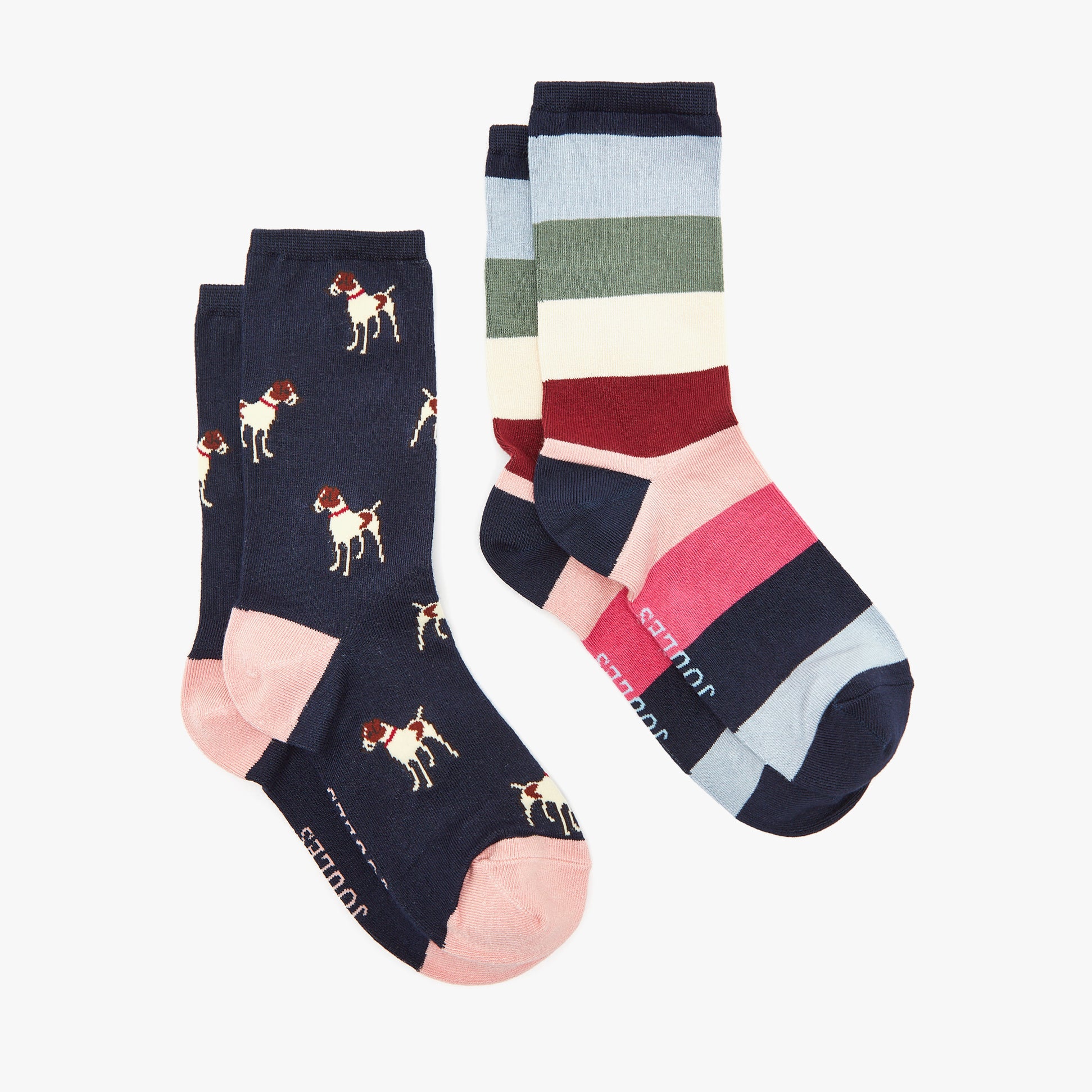 Joules EVERYDAY 2-Pack Womens Socks Navy Patch side view displaying patterned and striped designs.