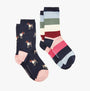 Joules EVERYDAY 2-Pack Womens Socks Navy Patch side view displaying patterned and striped designs.