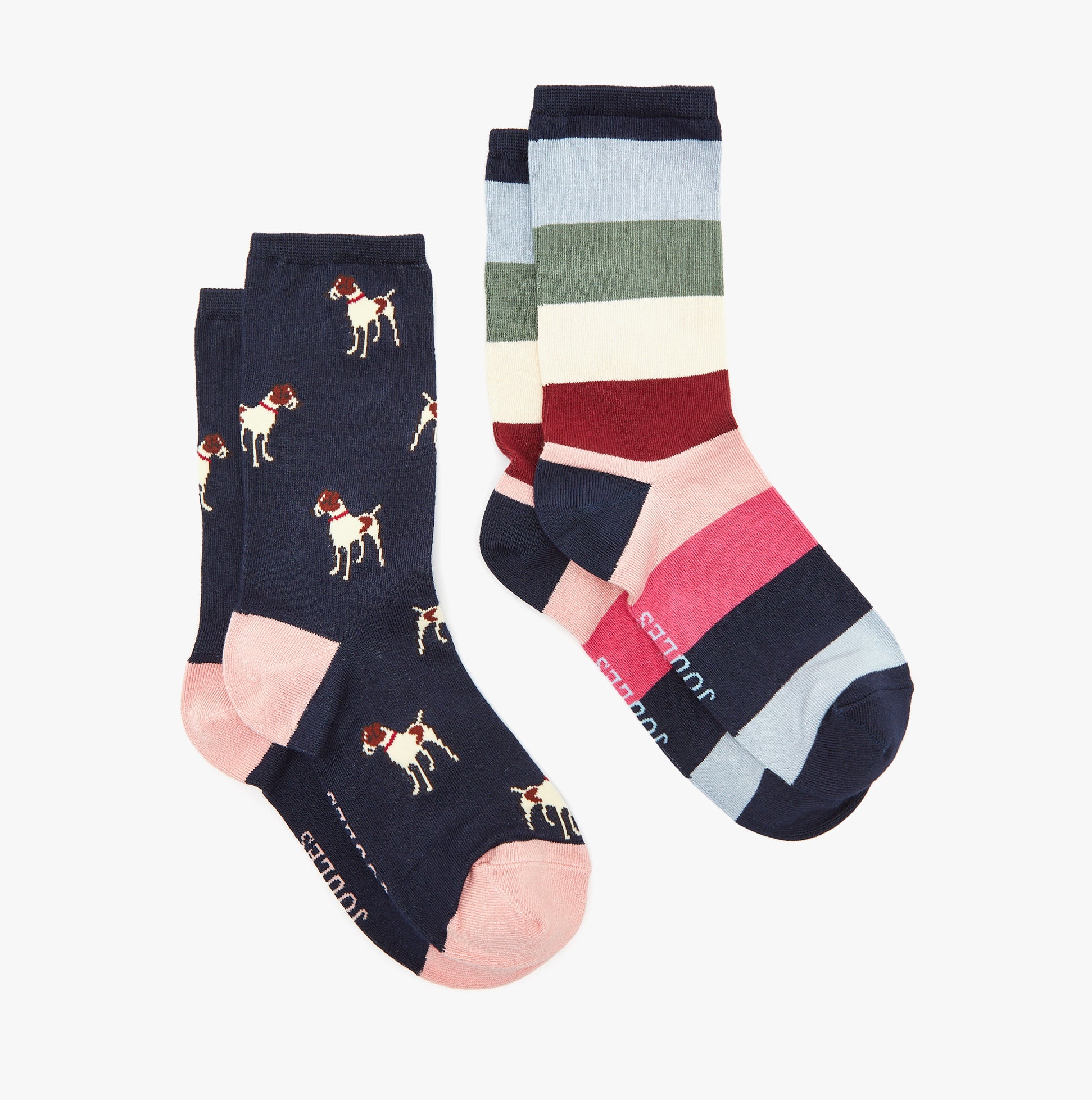 Joules EVERYDAY 2-Pack Womens Socks Navy Patch side view displaying patterned and striped designs.