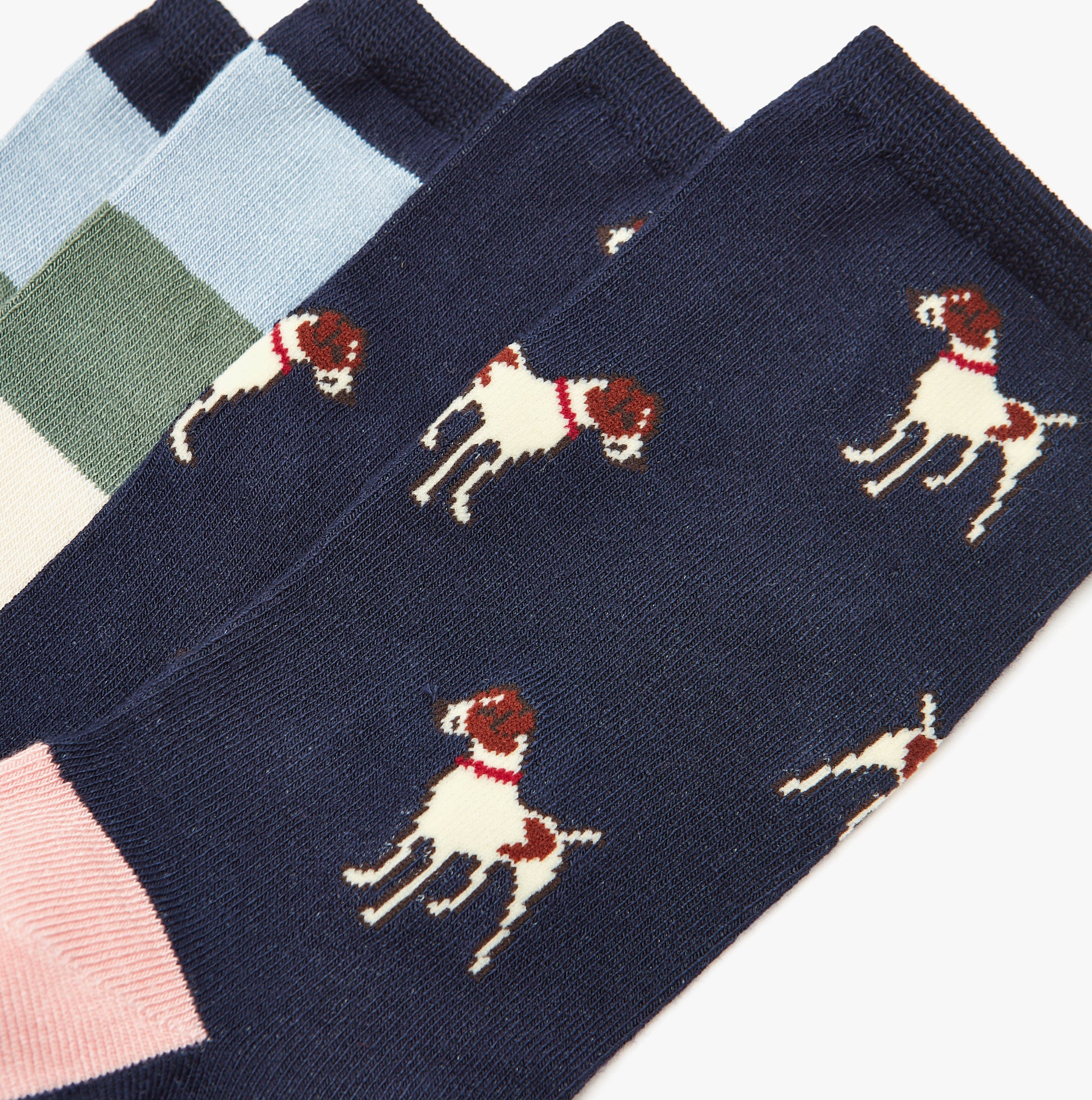 Joules EVERYDAY 2-Pack Womens Socks Navy Patch detail view featuring playful dog design on navy background.