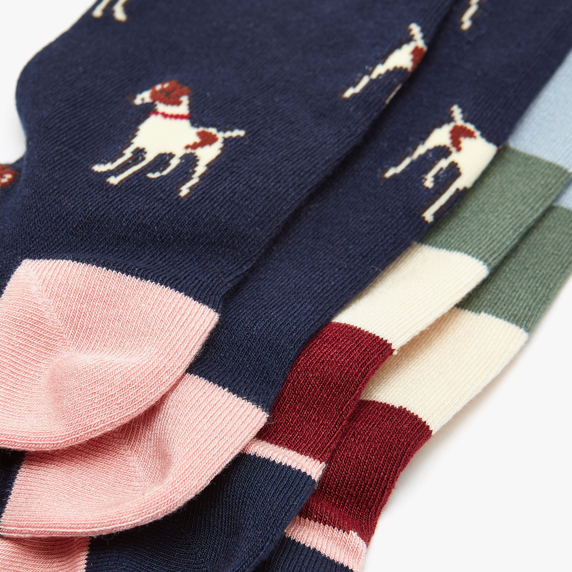 Joules EVERYDAY 2-Pack Womens Socks Navy Patch detail view showing navy socks with dog pattern and assorted colorful accents.
