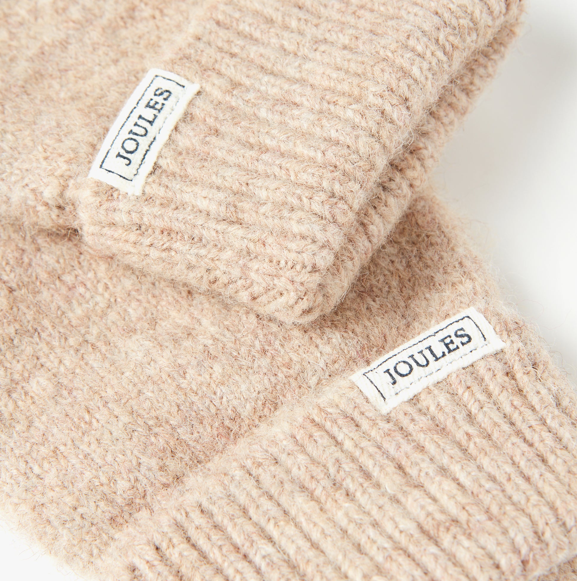 Joules CAVERSHAM Womens Gloves Oat detail view of fabric and brand labels on gloves