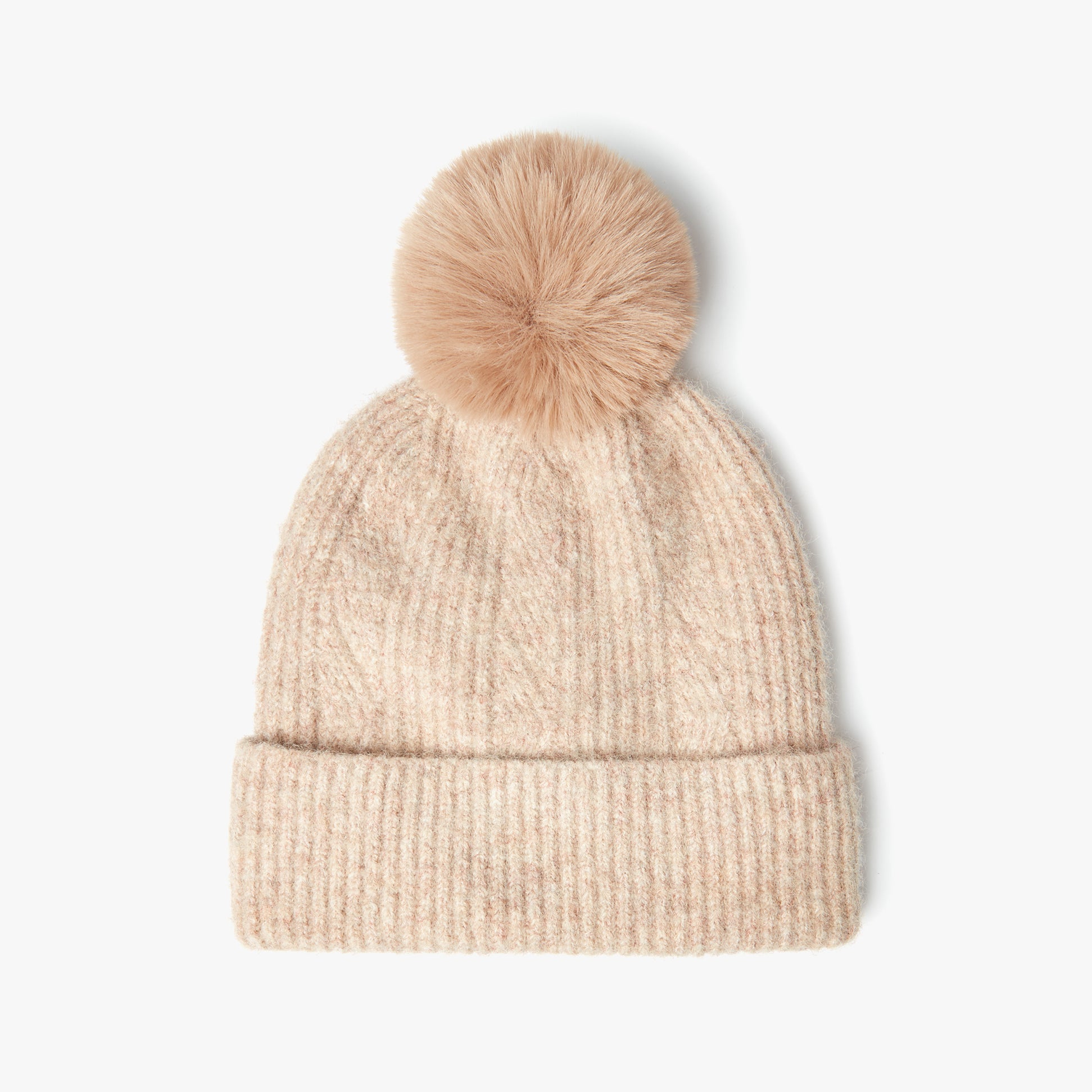 Joules EFFIE Womens Knitted Bobble Hat Camel front view featuring a soft beige knit material and fluffy pom pom.