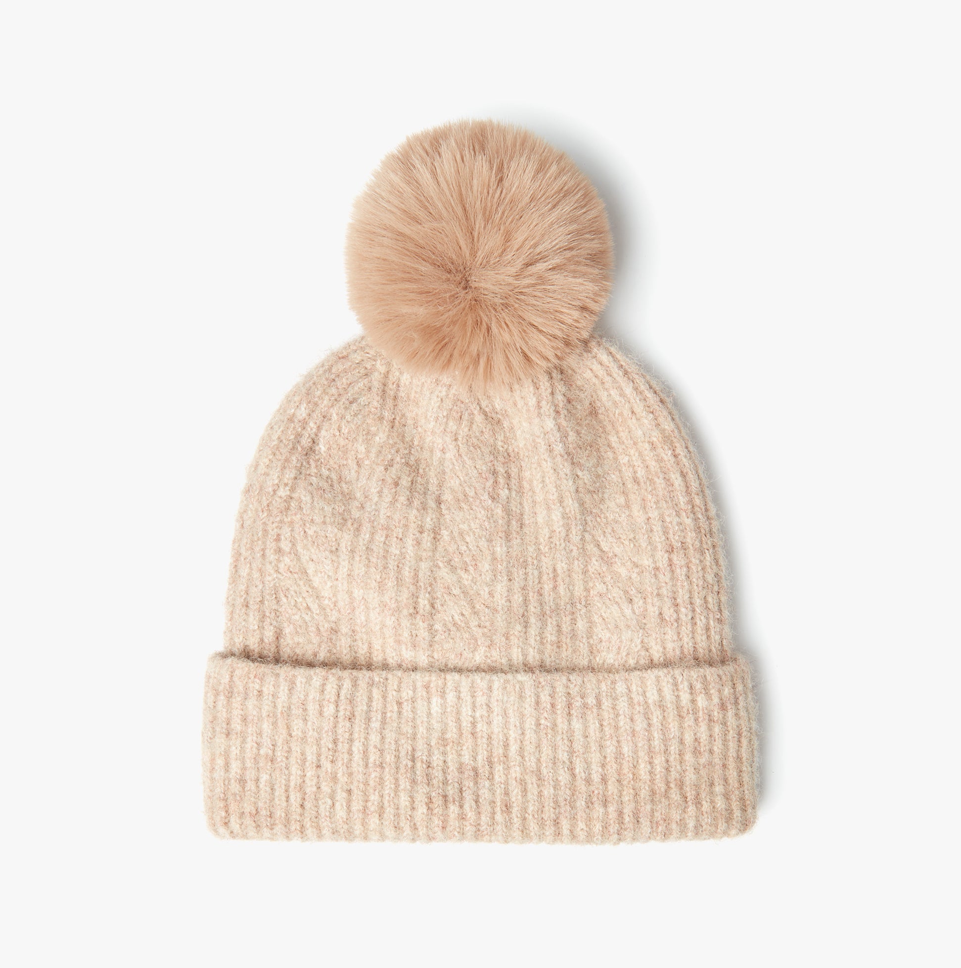 Joules EFFIE Womens Knitted Bobble Hat Camel front view featuring a soft beige knit material and fluffy pom pom.