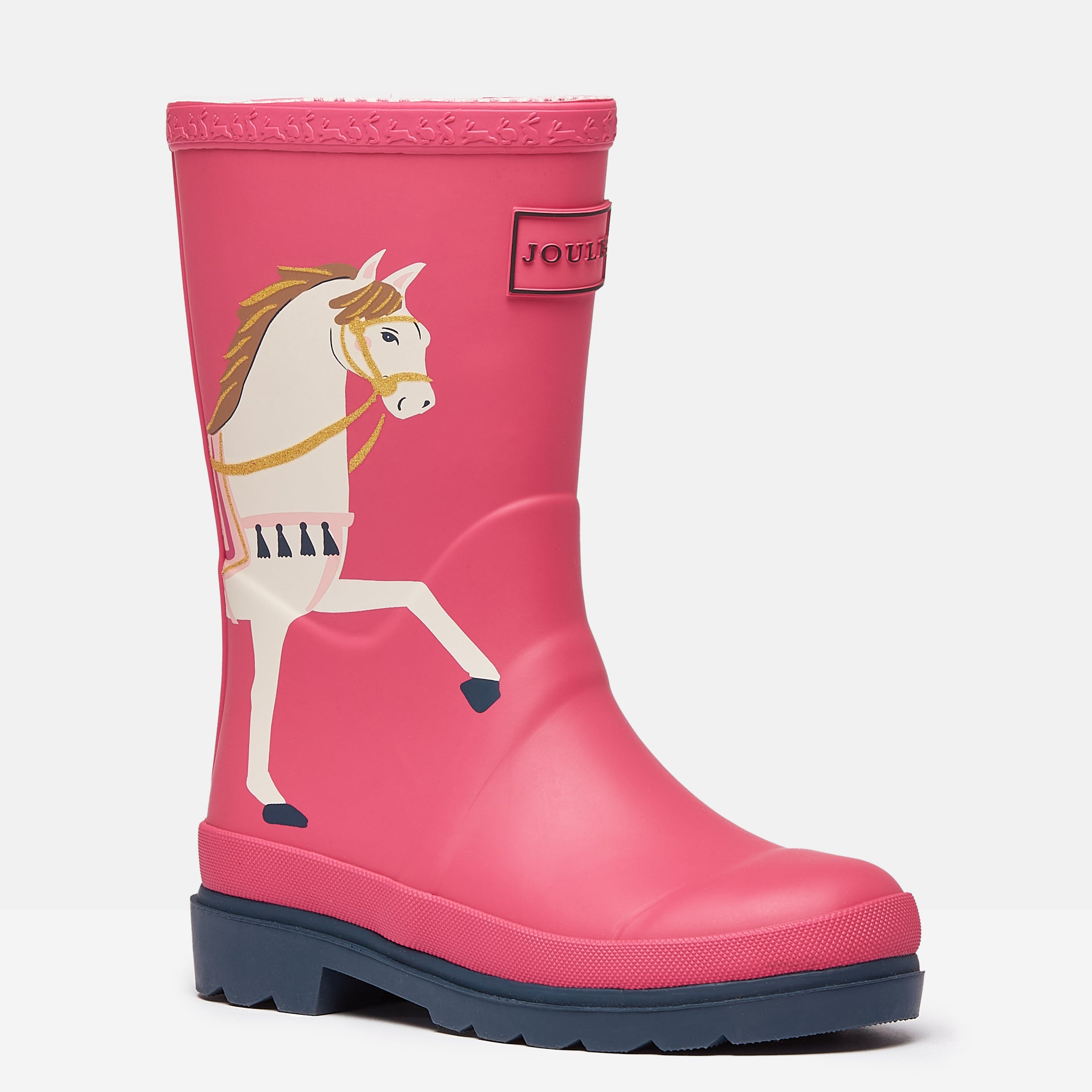 Joules SPLASHWELL Girls Wellies Horse side view pink rubber wellington boots with horse design
