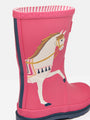 Joules SPLASHWELL Girls Wellies Horse side view of pink rubber boots with horse design, ideal for comfort and waterproofing.