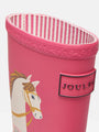 Joules SPLASHWELL Girls Wellies Horse side view showing pink rubber boot with horse design and striped lining.