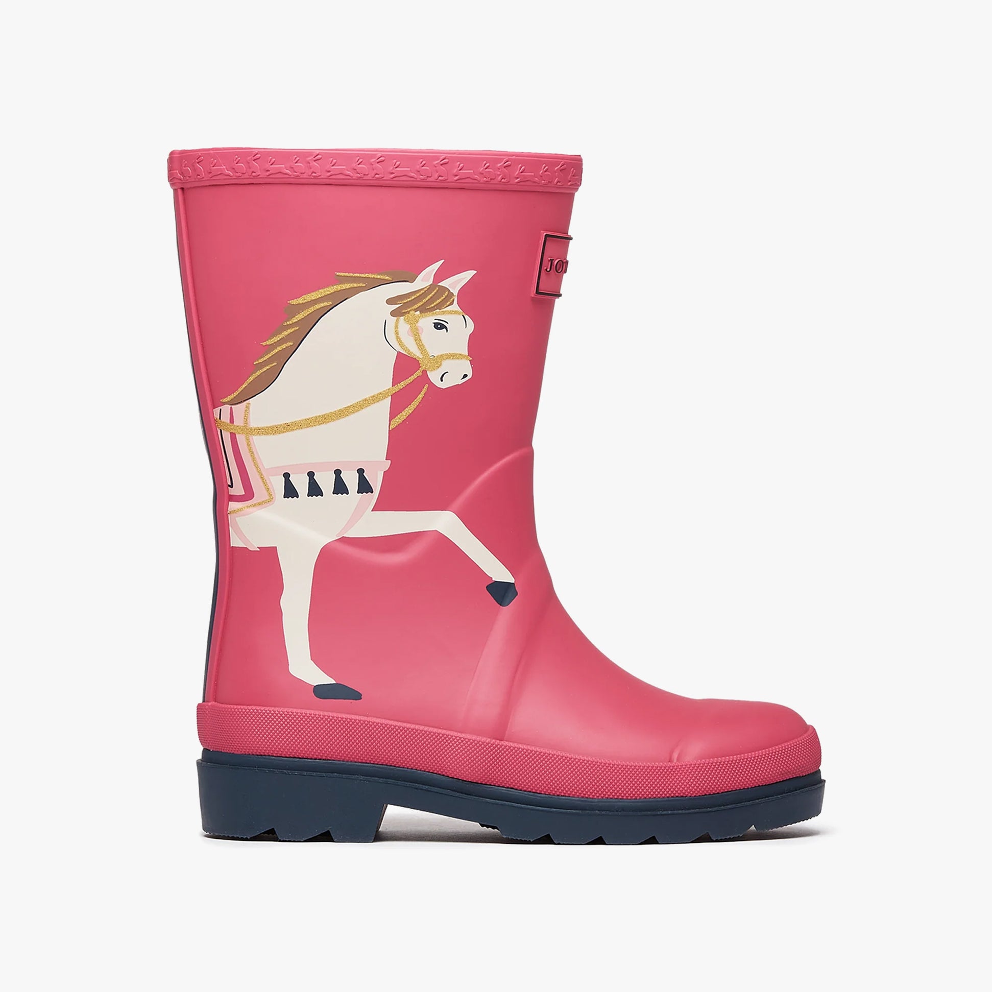 Joules SPLASHWELL Girls Wellies Horse side view in pink with horse graphic, rubber upper and block heel.
