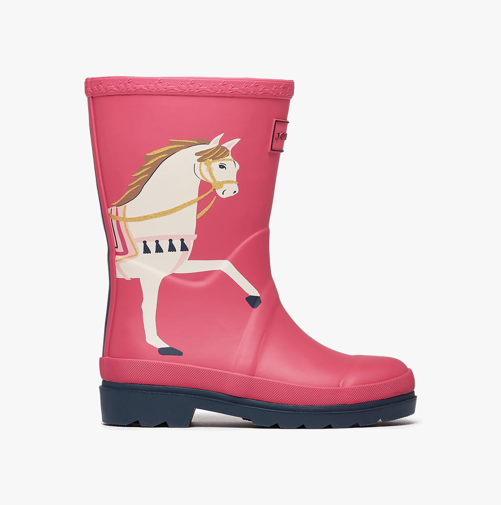 Joules SPLASHWELL Girls Wellies Horse side view in pink with horse graphic, rubber upper and block heel.