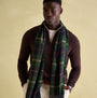 Joules MENS LANGTREE Mens Scarf Navy Check draped elegantly over a model, showcasing the checked pattern and tasselled ends.