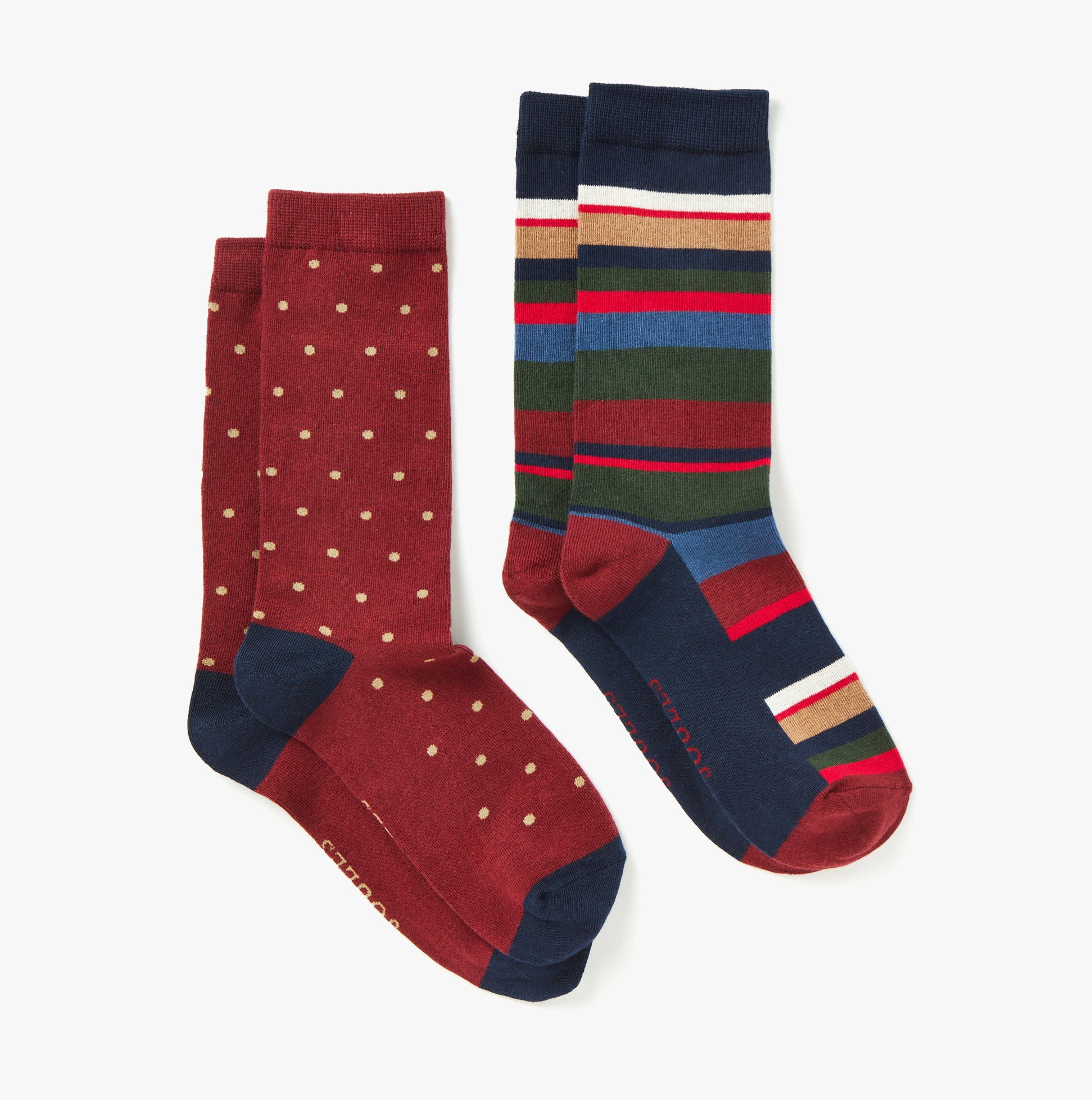Joules KINGSBURY 2-Pack Mens Socks Stripe Red front view showcasing striped and polka dot designs.
