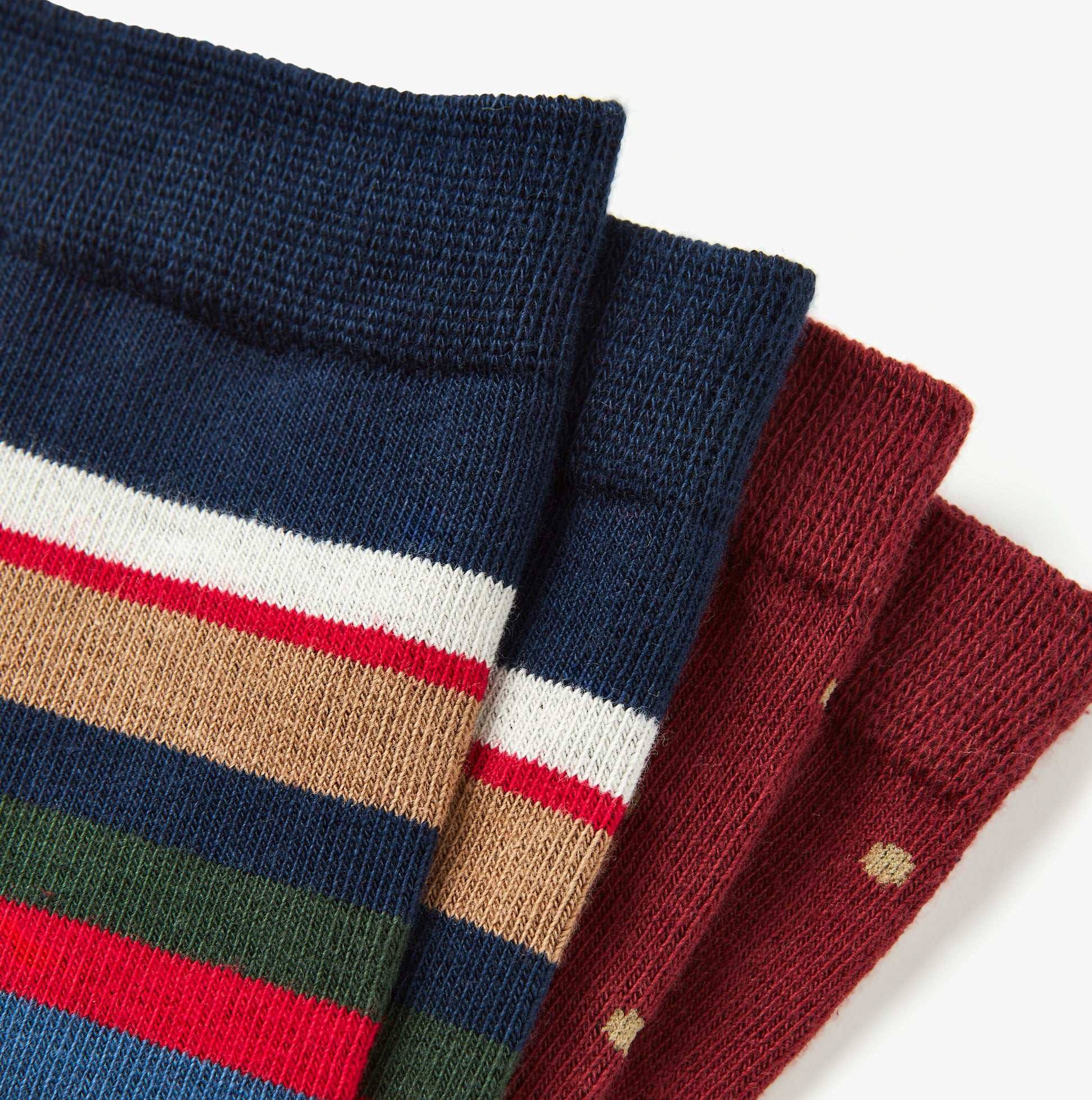 Joules KINGSBURY 2-Pack Mens Socks Stripe Red, detail view of striped socks in navy, burgundy, and brown colors.