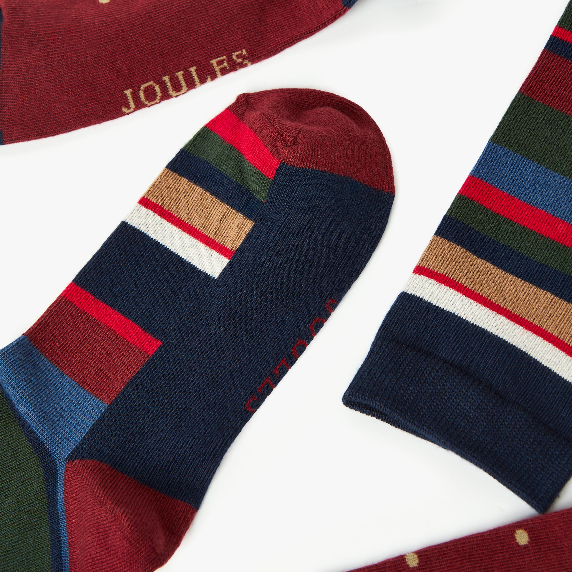 Joules KINGSBURY 2-Pack Mens Socks Stripe Red detail view showcasing vibrant colors and striped patterns.
