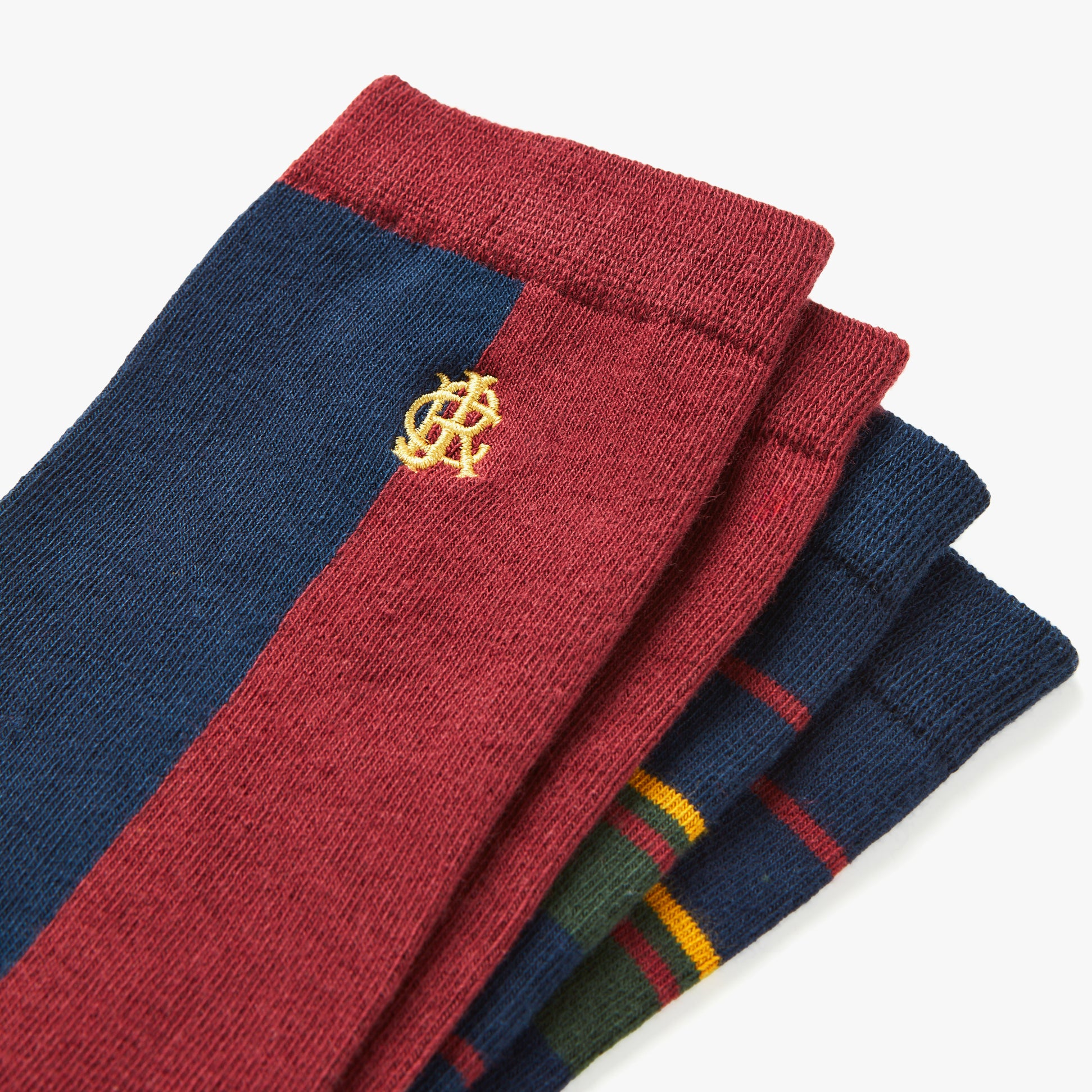 Joules KINGSBURY 2-Pack Mens Socks Harlequinn side view showing maroon and navy colors with a logo detail.