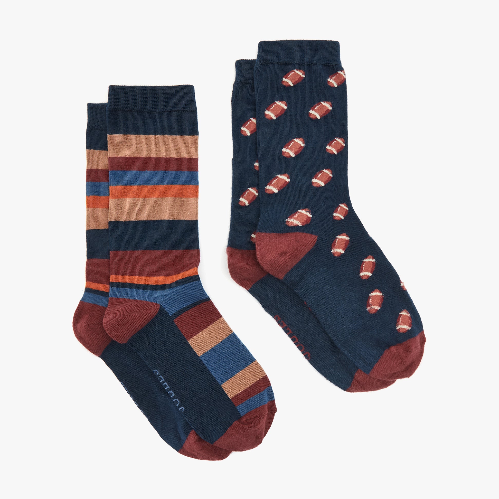 Joules KINGSBURY 2-Pack Mens Socks Navy Burgundy side view showing striped and patterned designs.