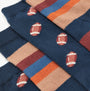 Joules KINGSBURY 2-Pack Mens Socks Navy Burgundy detail view showcasing striped socks with football patterns.