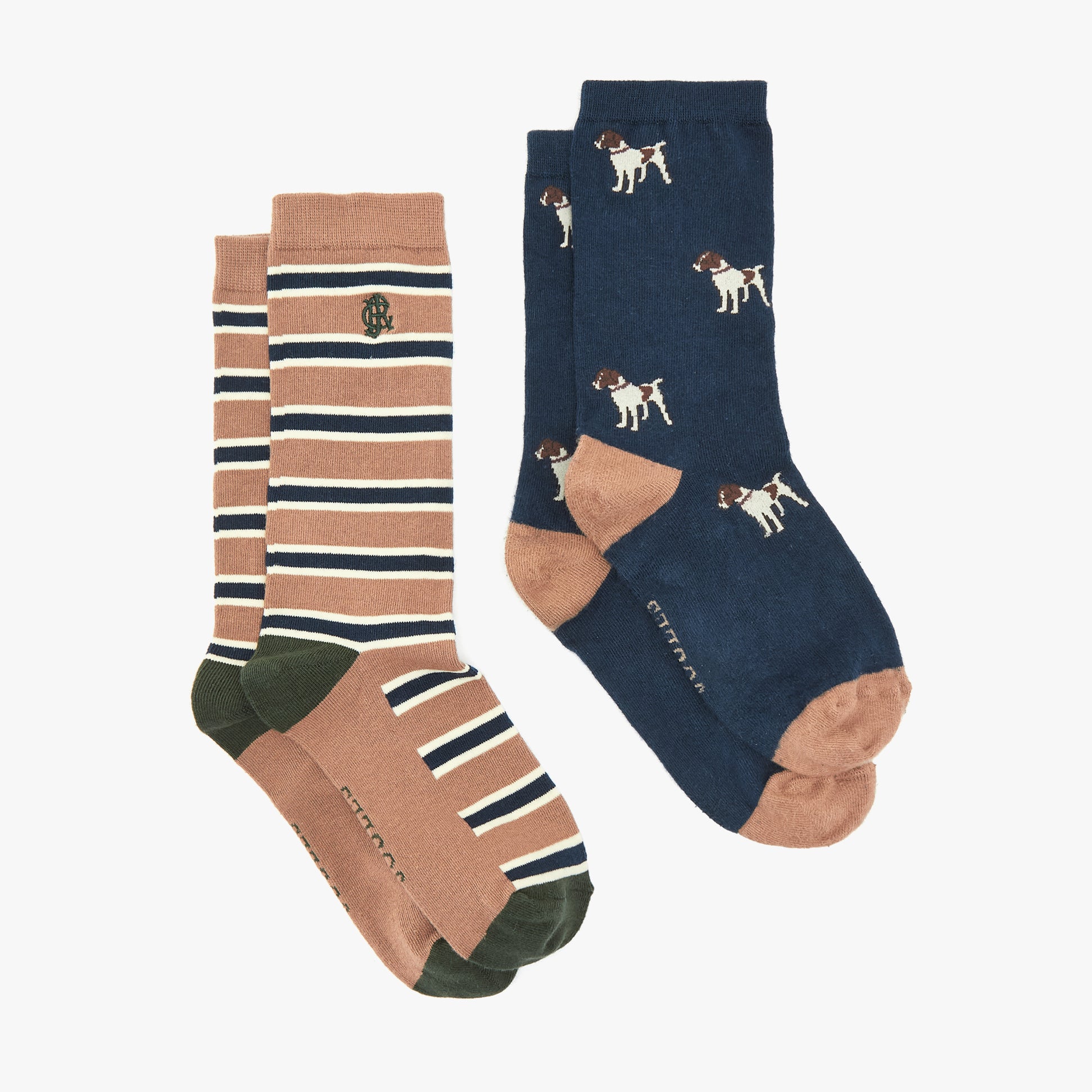 Joules KINGSBURY 2-Pack Mens Socks Navy Camel side view featuring striped and patterned designs.