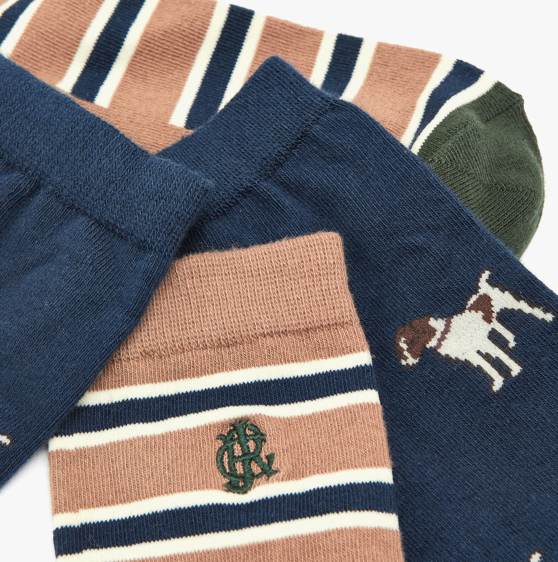 Joules KINGSBURY 2-Pack Mens Socks Navy Camel detail view showcasing striped and dog design.