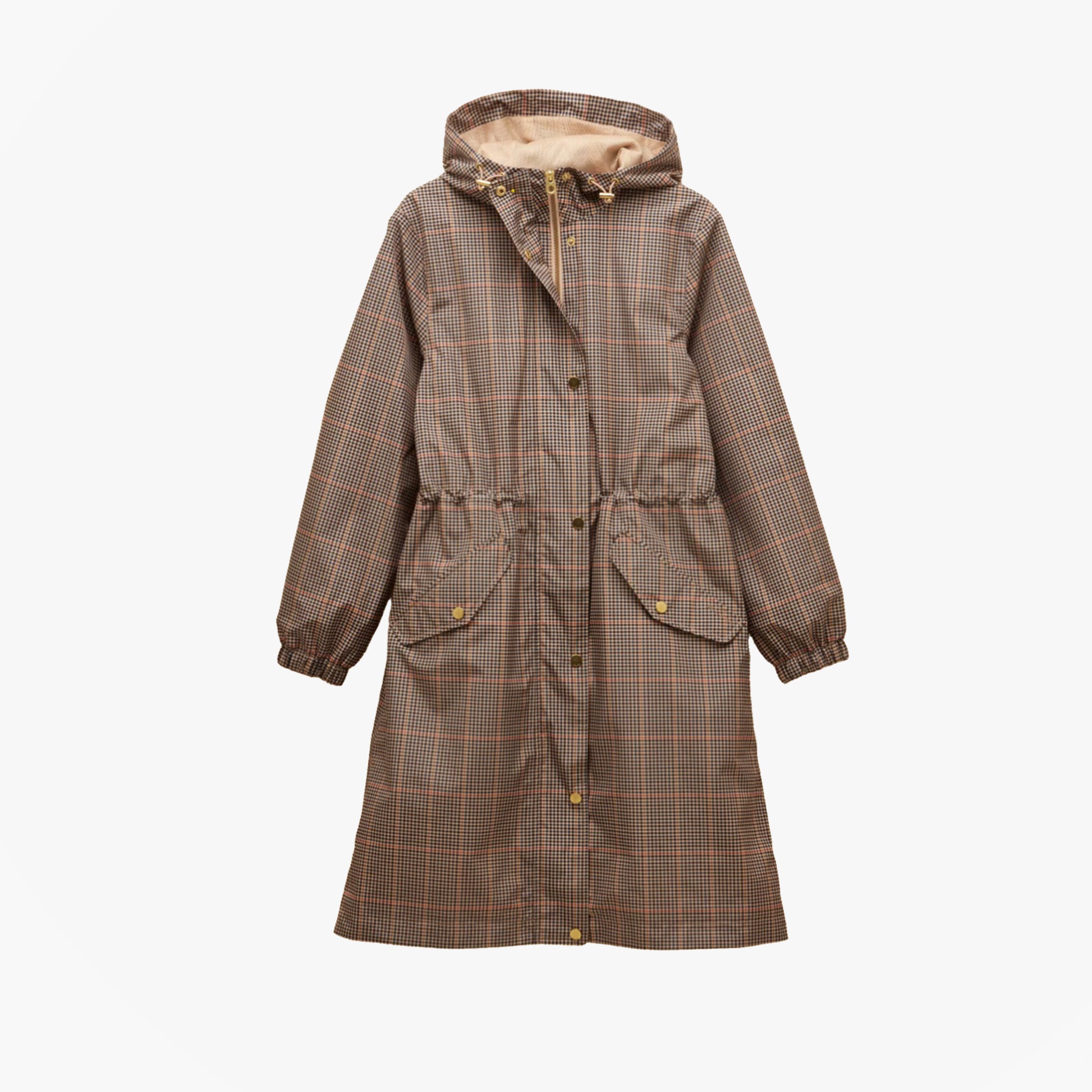 Joules HOLKHAM Waterproof Packable Raincoat With Hood Brown Check front view with hood and pockets