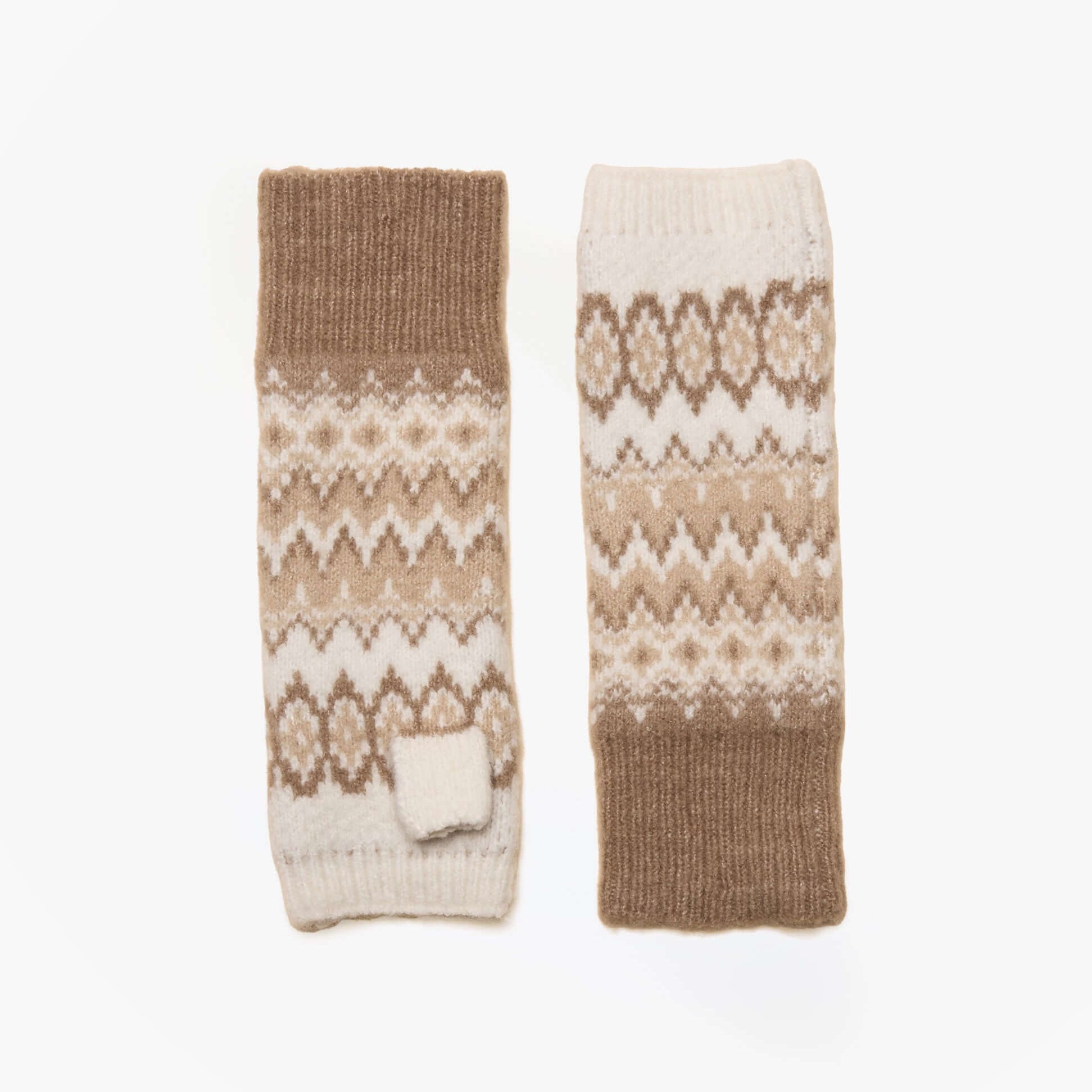 Joules KARA Neutral Fingerless Fairisle Glove Beige top view showcasing intricate patterns and soft textures.