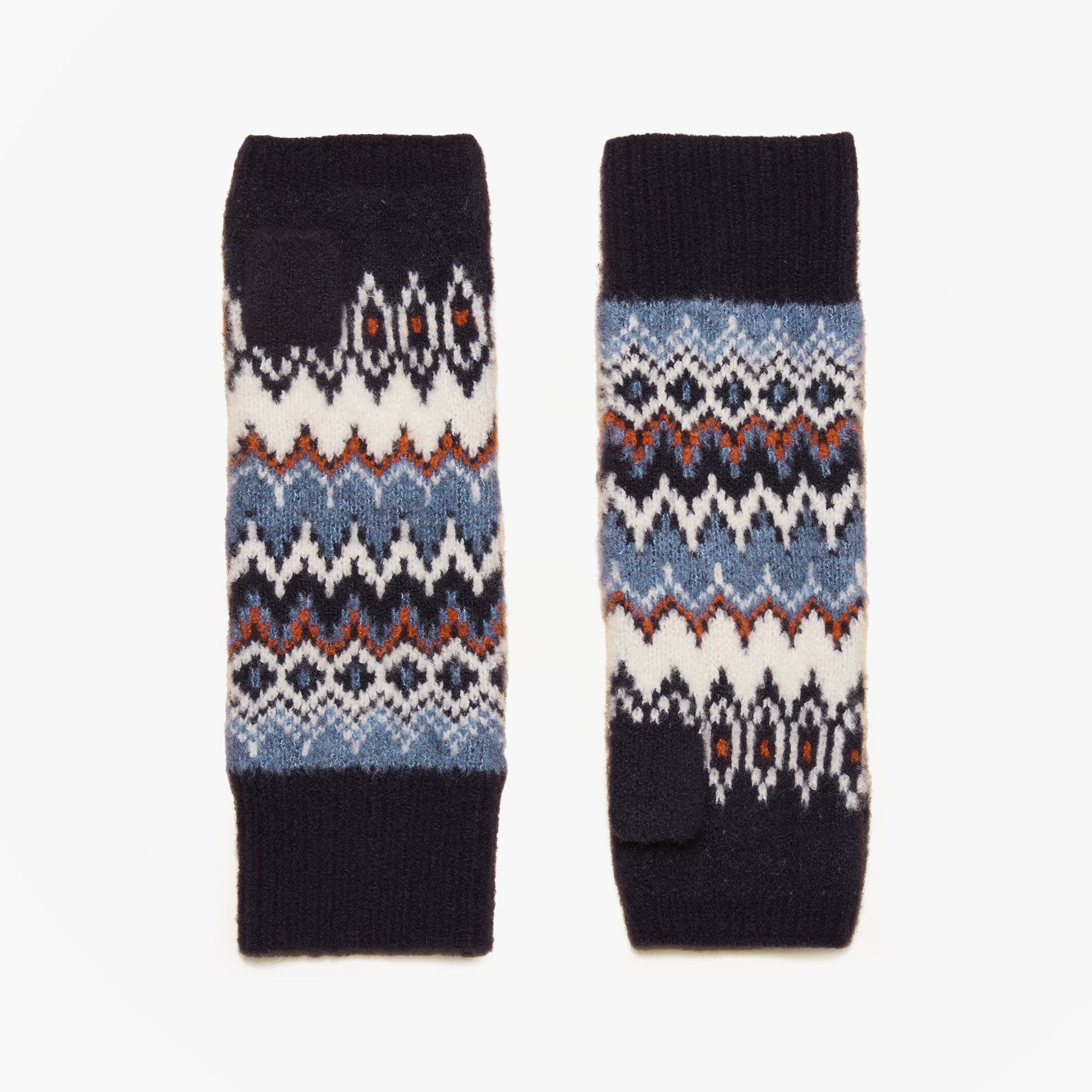 Joules KARA Fingerless Fairisle Glove Navy top view showcasing intricate pattern and textured knit detail.