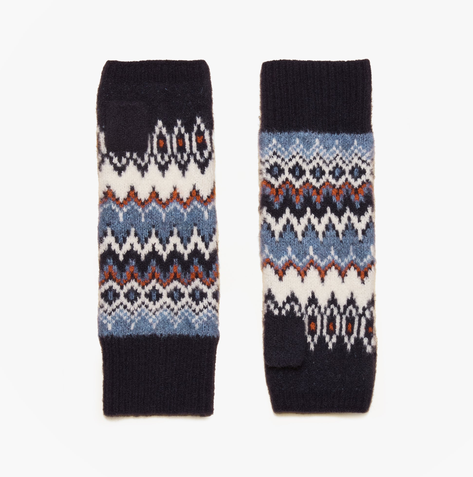 Joules KARA Fingerless Fairisle Glove Navy top view showcasing intricate pattern and textured knit detail.