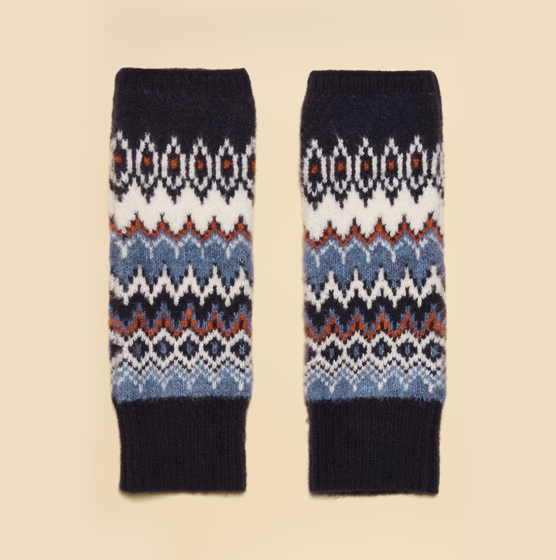 Joules KARA Fingerless Fairisle Glove Navy top view showcasing intricate fairisle design in navy, white, red, and blue.