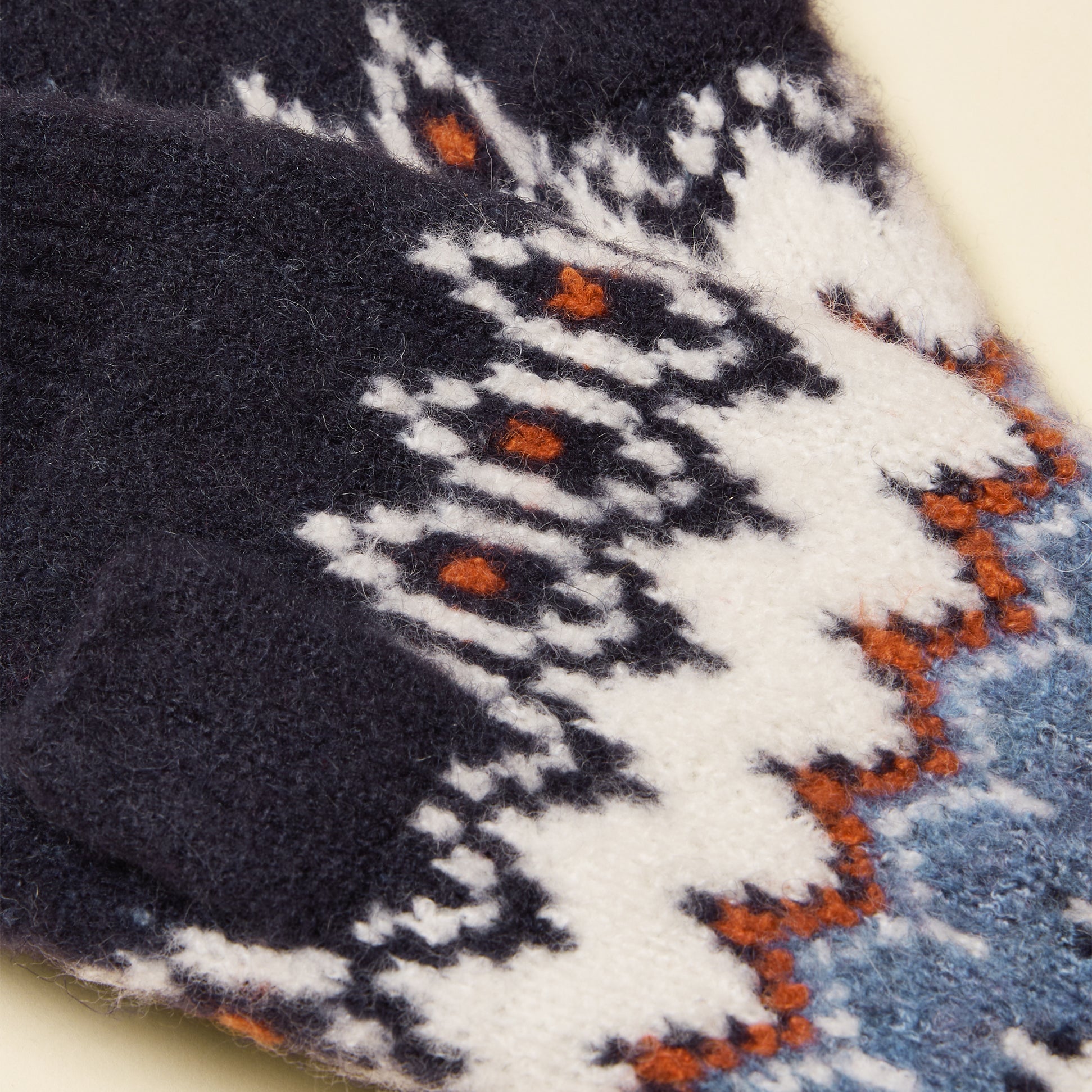 Joules KARA Fingerless Fairisle Glove Navy detail view showcasing intricate pattern and rich colors.