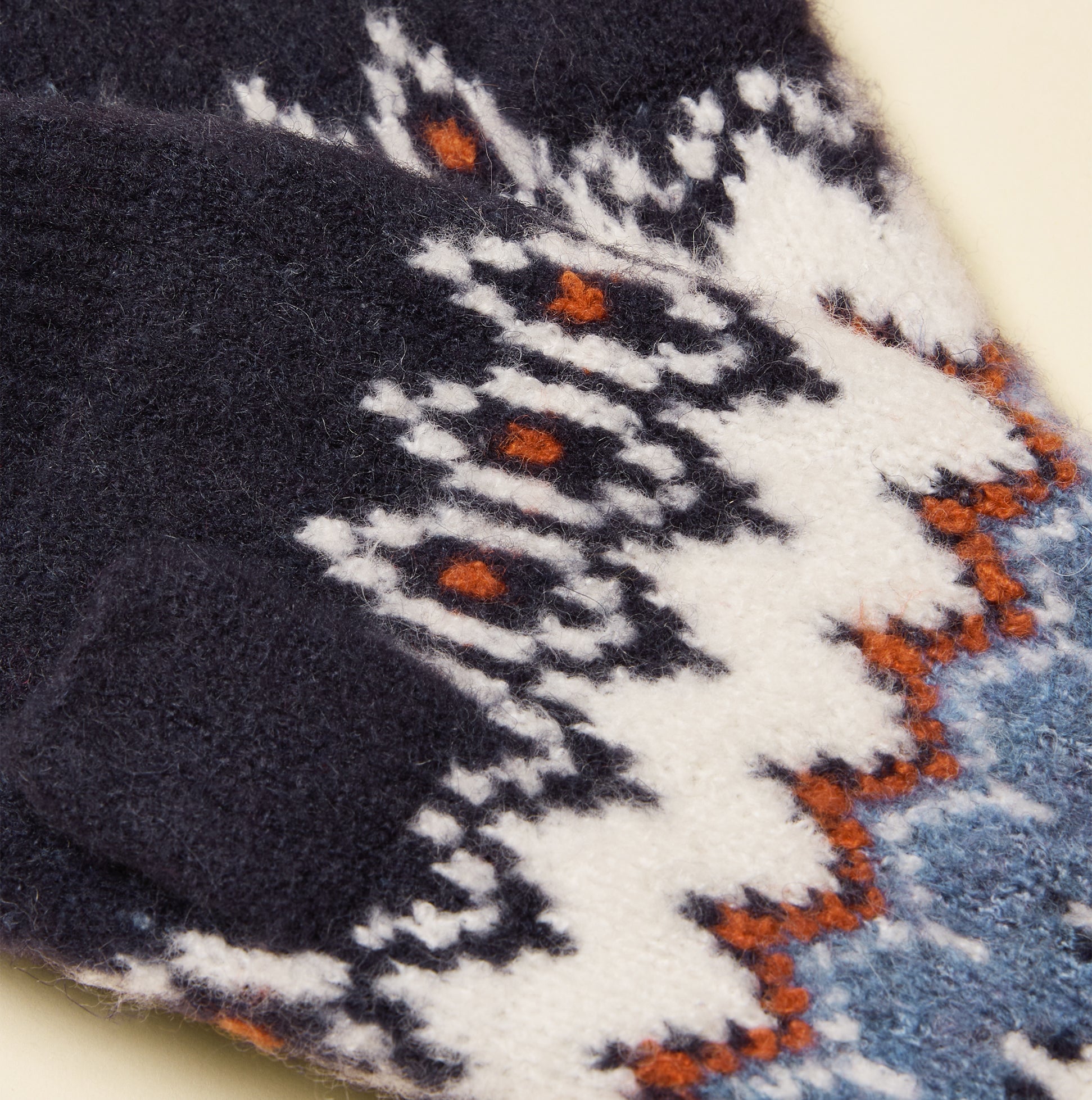 Joules KARA Fingerless Fairisle Glove Navy detail view showcasing intricate pattern and rich colors.