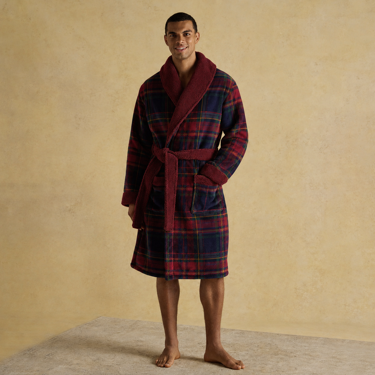 Joules Y95856 MONTAGUE Mens Robe Burgundy Red Mens Bathrobe Burgundy Red